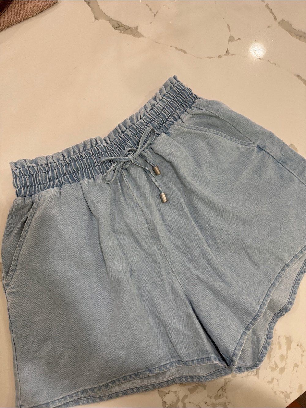 Pink Lily Light Blue High Waist Elastic Waistband Denim Shorts